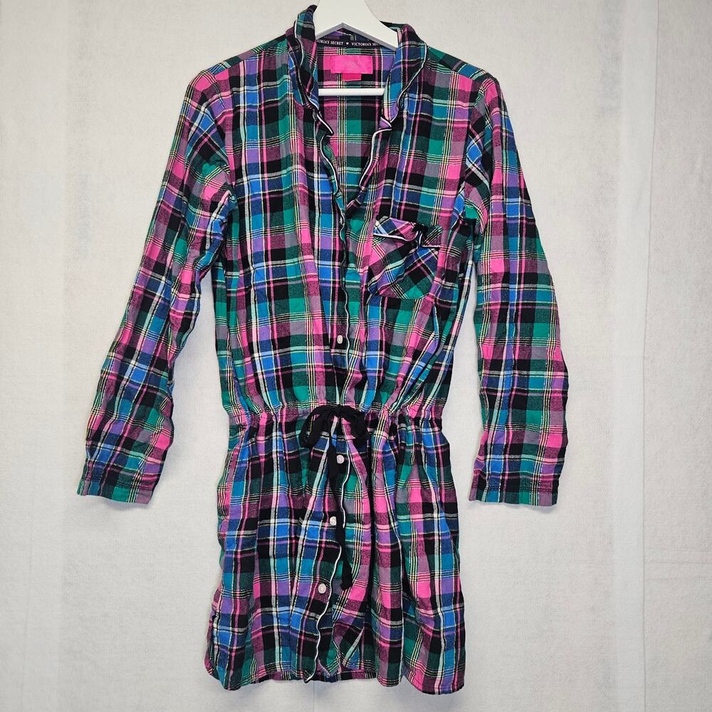 Victoria's Secret Plaid Sleep Shirt Medium Pink Green Tie Waist Button Down